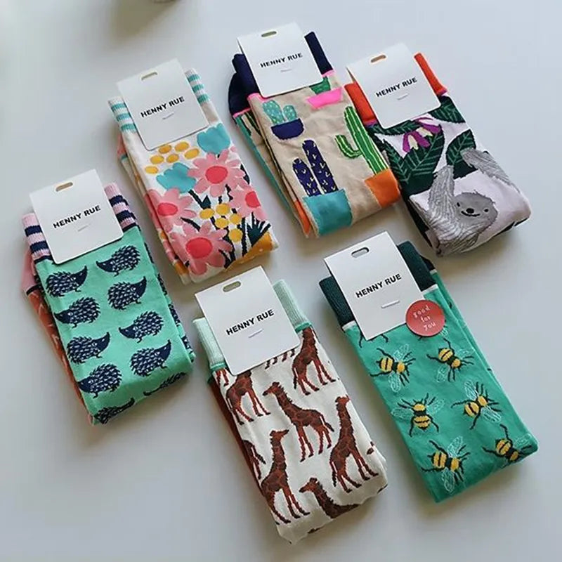 Colorful Spring Autumn Women's Cotton Socks - Plant, Hedgehog, Sloth Designs Series 2