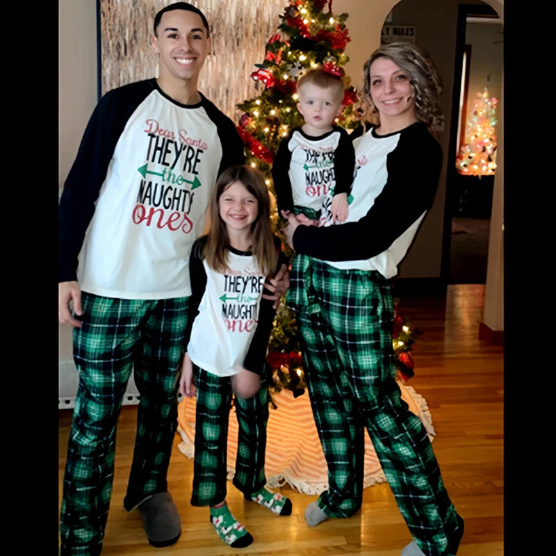 Family Matching Christmas Pajamas | Cotton Letter Print Tops & Plaid Pants