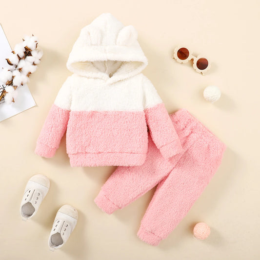 Warm Fluff Clothes Set for Baby Girls | Long Sleeve Hoodie & Pants