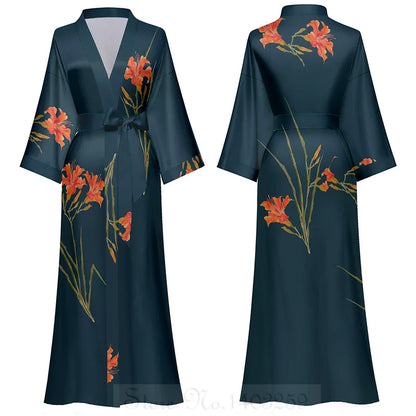 Black Floral Print Kimono Robe for Women