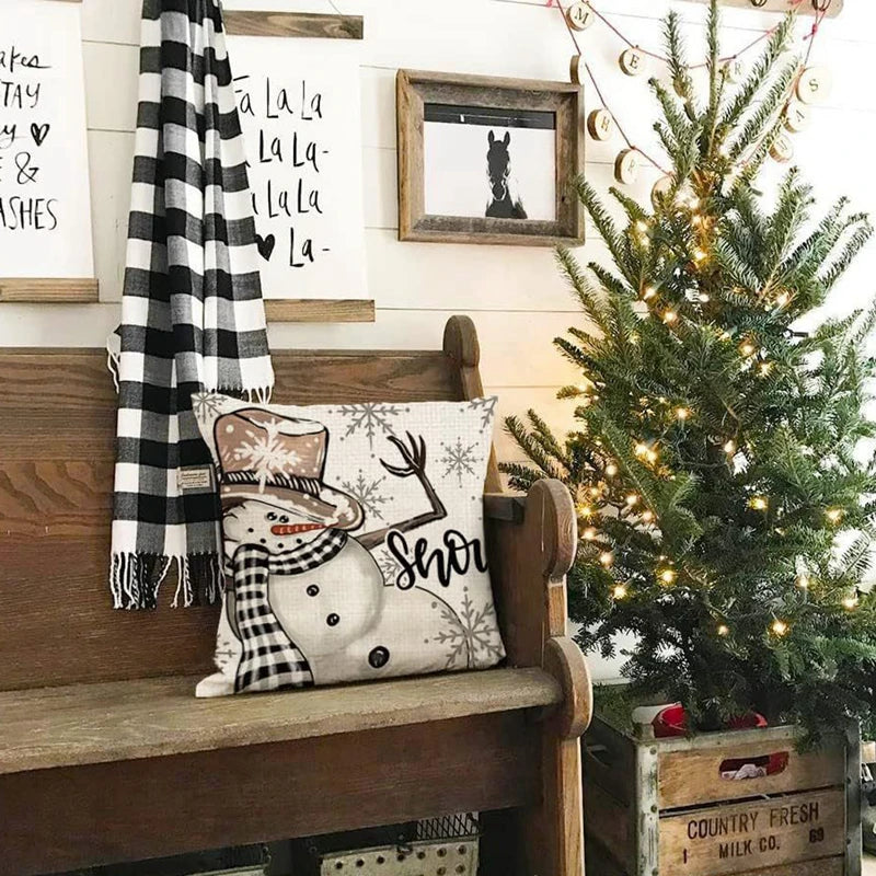 Linen Christmas Pillow Cover – Snowman & Elk Design