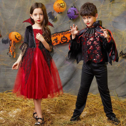 Girls Ghost Bride Costume | Red & Black Tulle Sleeve Dress