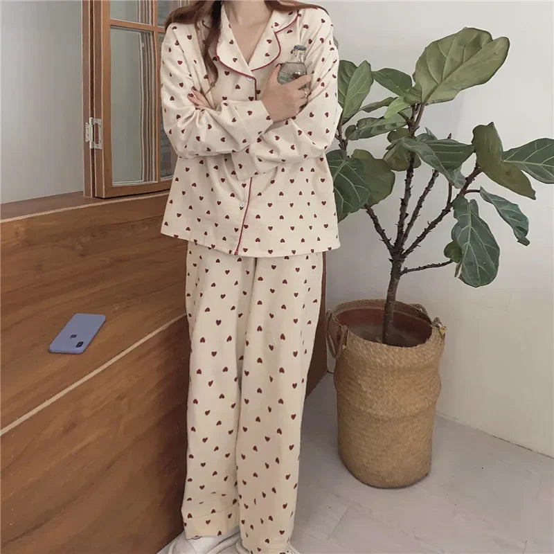 Heart Print Cotton Pajama Set | Casual Sleepwear