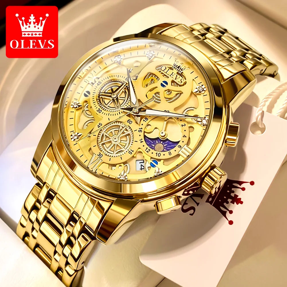 Luxury Waterproof Men's Quartz Watch – Gold Skeleton Design