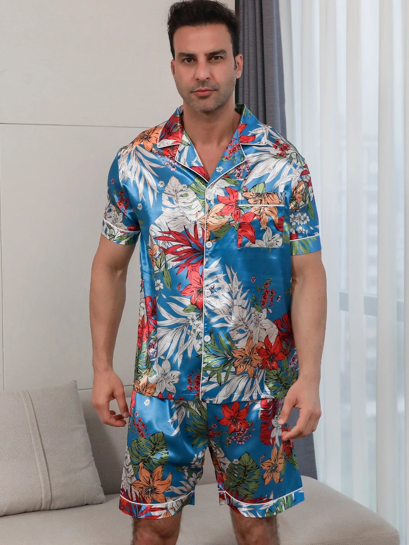 Men's Two-Piece Pajama Set – Summer Short-Sleeved Shorts with Leaf Pattern