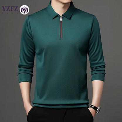 Men's Solid Color Long Sleeve Polo Shirt – Fashion Zipper Neck Top