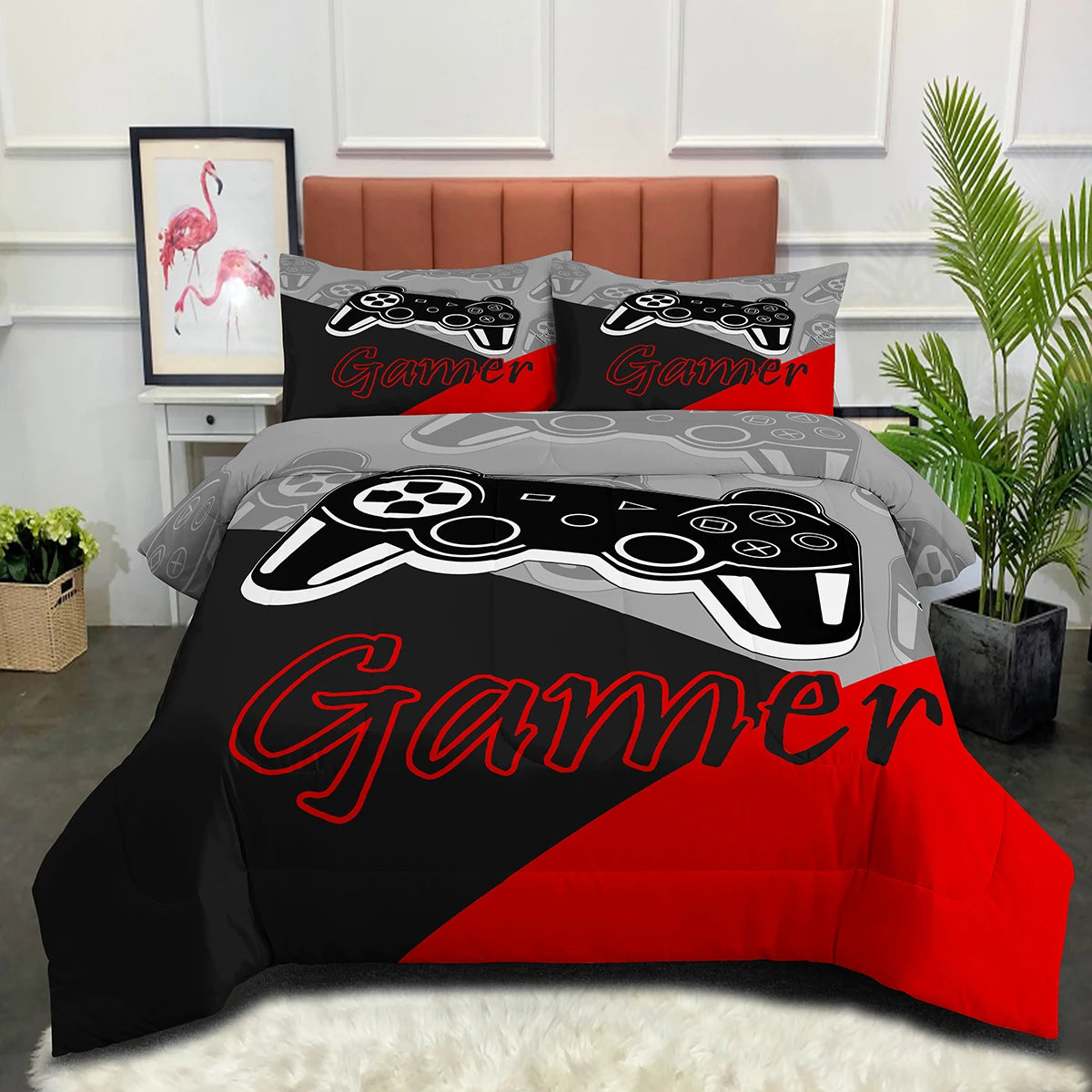 Gaming Comforter Set for Kids & Teens | Video Game Controller Bedding in Reddish Black