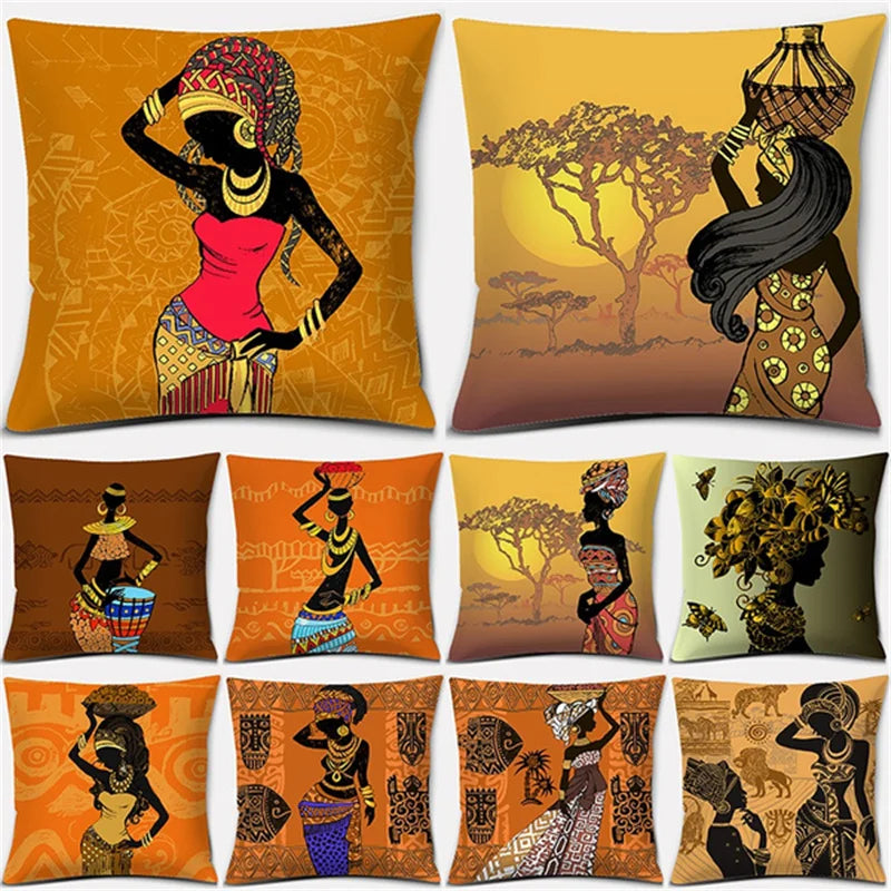 African Ethnic Women Polyester Pillowcase – Home Decor Cushion Cover