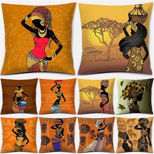 African Ethnic Women Polyester Pillowcase – Home Decor Cushion Cover