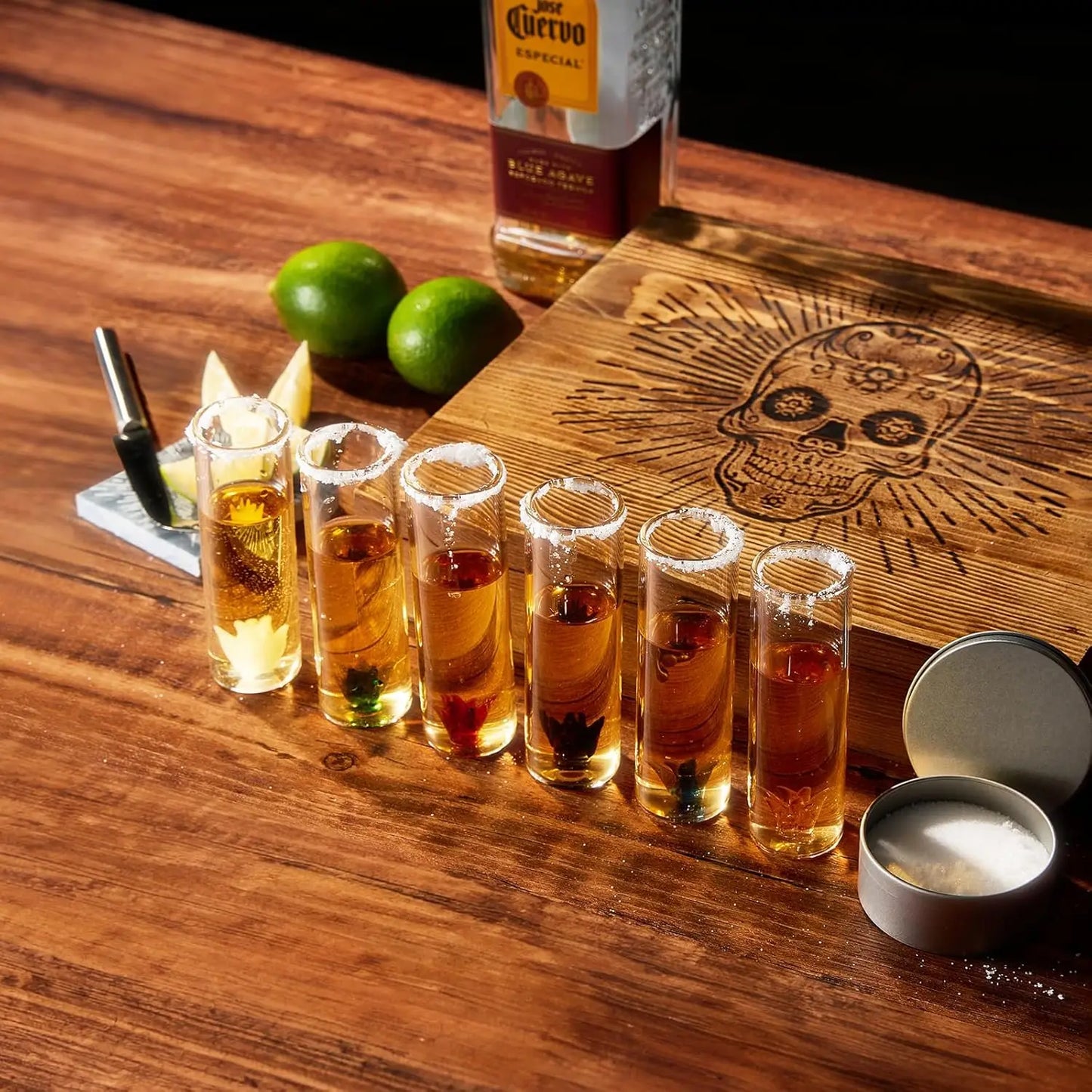 Tequila Gift Box Set – Six Agave Shot Glasses with Salt & Skull Coaster