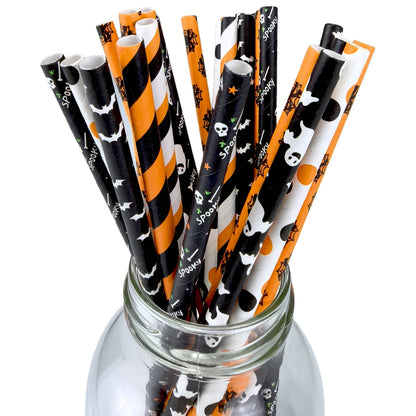 Halloween Biodegradable Paper Straws - 25/50/100pcs Black & Orange