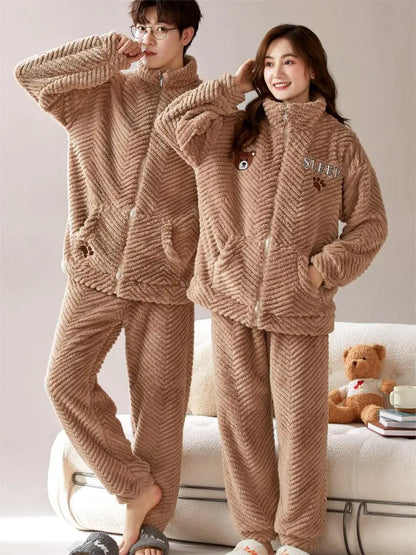 Winter Warm Couples Pajamas Set for Women - Cozy Fleece Wool Nightwear