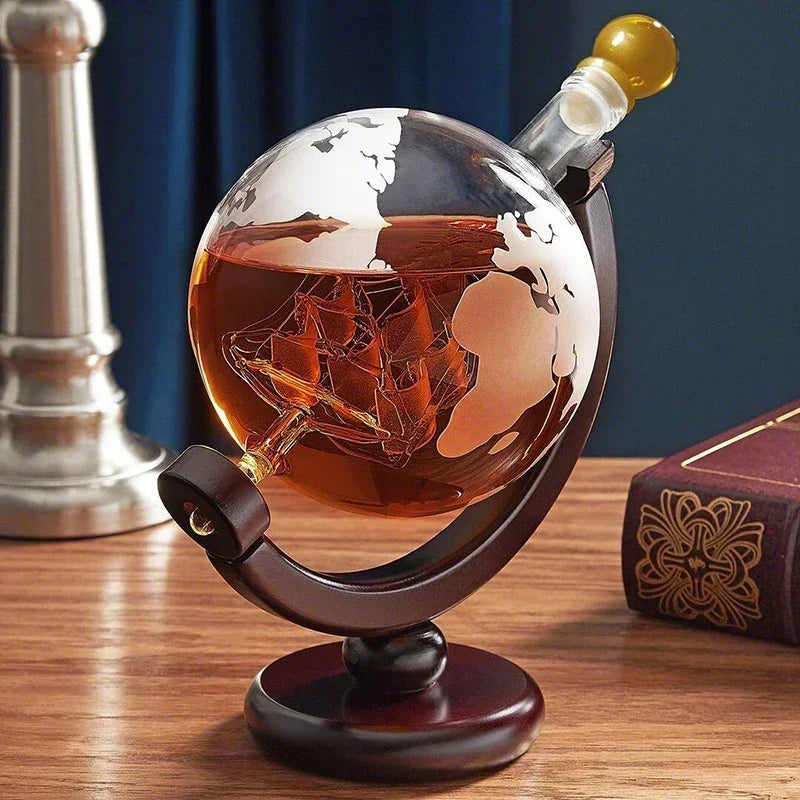 Creative Globe Decanter Set – Lead-Free Carafe with Wood Stand & 2 Whisky Glasses