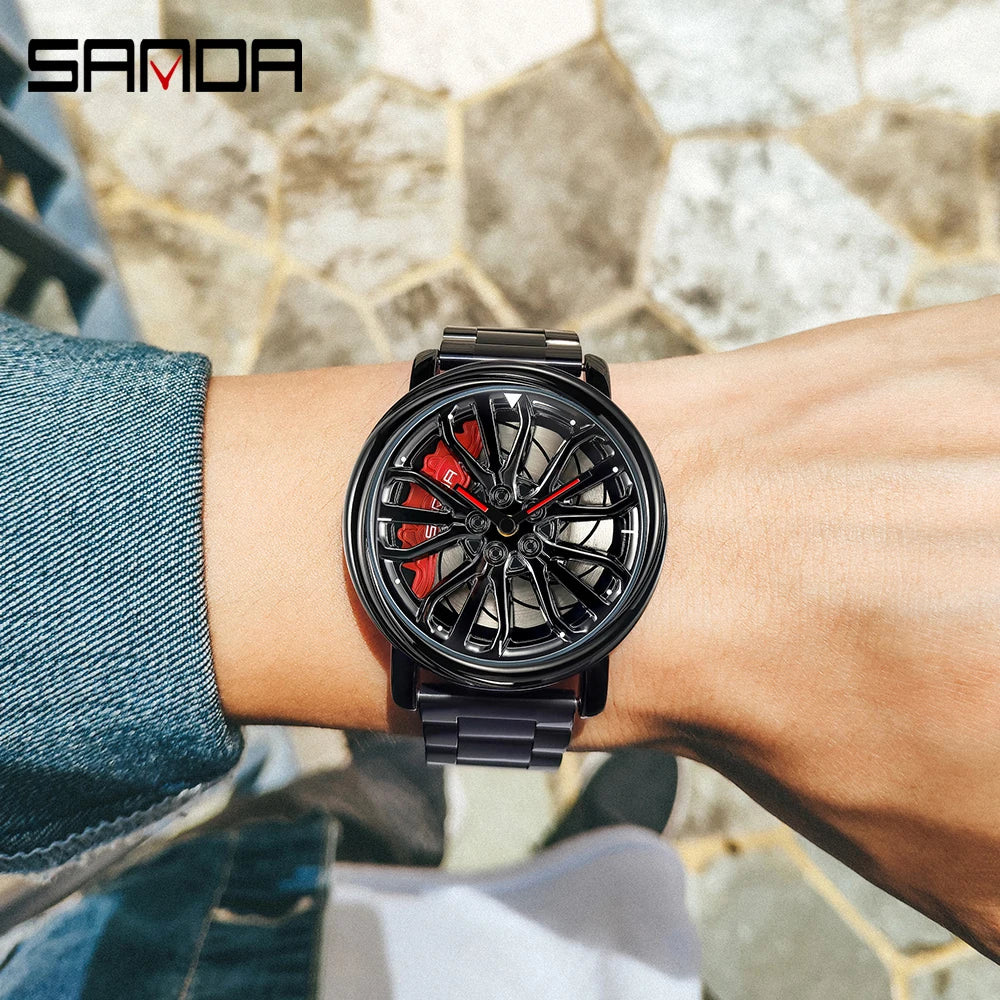 Sporty Men’s Car Rim Wristwatch - 360° Rotating Wheel Dial