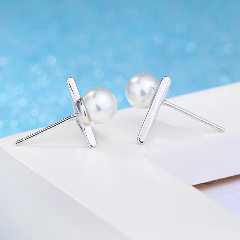 925 Sterling Silver Triangle Pearl Stud Earrings