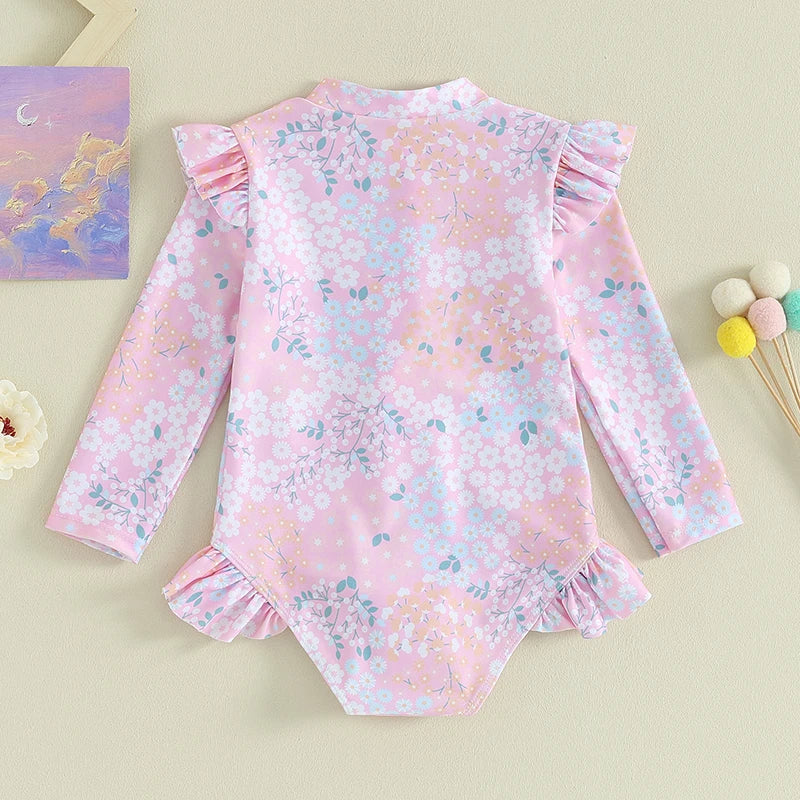 Cute Floral Print Ruffle Swimsuit – Long Sleeve Baby Bathing Suit