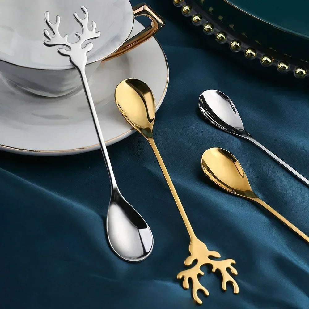 4 pcs Christmas Elk Head Stainless Steel Coffee Spoons