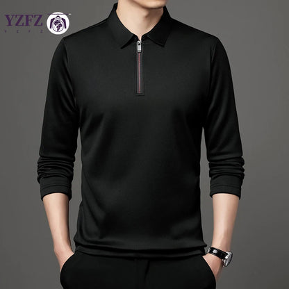 Men's Solid Color Long Sleeve Polo Shirt – Fashion Zipper Neck Top