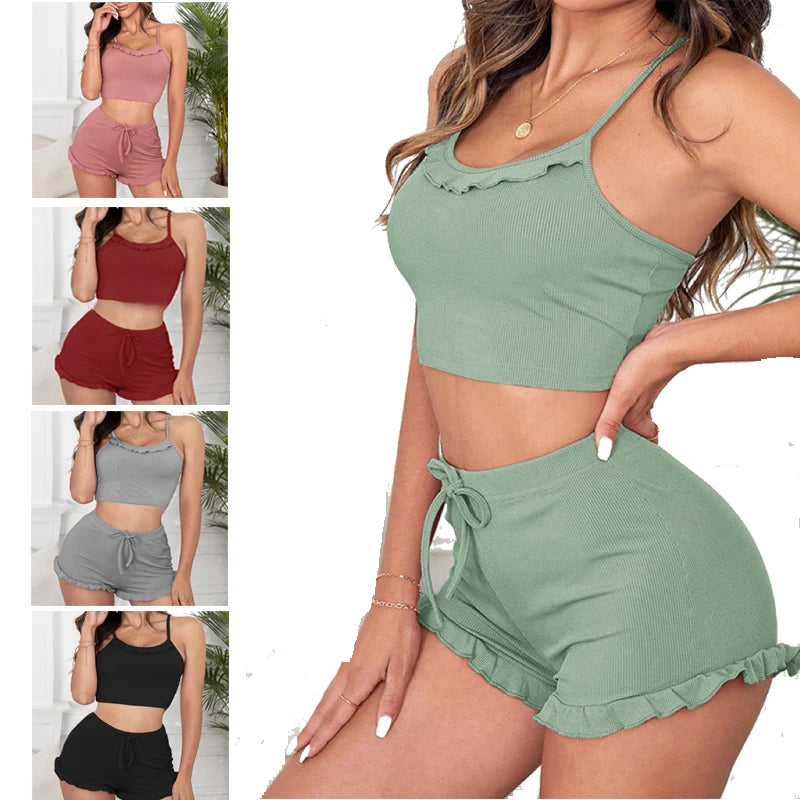 2-Piece Women's Pajama Shorts Set - Ribbed Camisole & Ruffled Lingerie