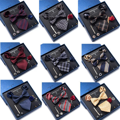 Silk Tie Set with Handkerchief, Cufflinks, and Bow Tie Clip