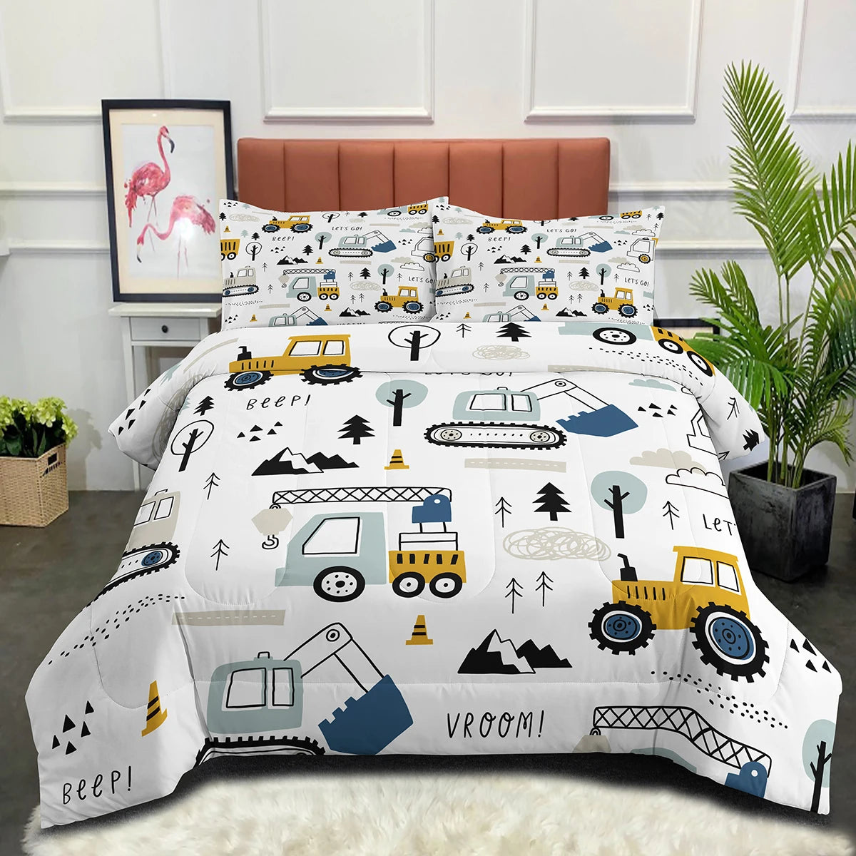 Cartoon Car Kids Comforter Set | Construction Trucks & Excavator Bedding