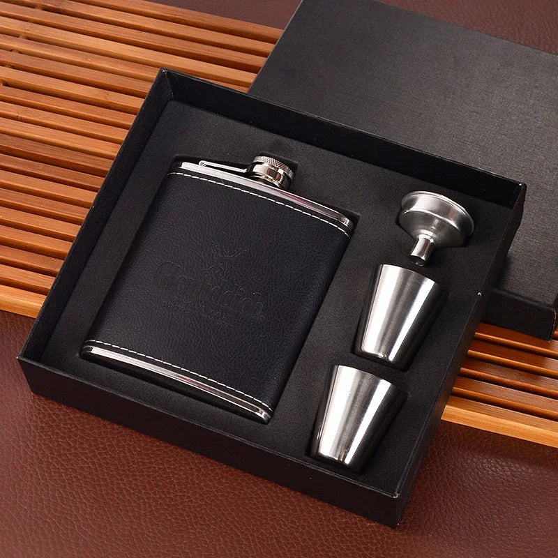 Pocket Flagon Set – Stainless Steel Hip Flask with Travel Cups &Gift Box