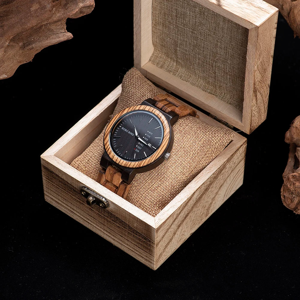 BOBO BIRD Antique Wooden Watch for Men – Date & Week Display Luxury Timepiece