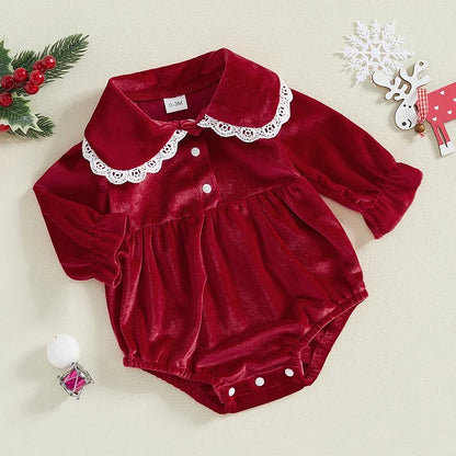 Baby Girl Lace Trim Velvet Romper | Long Sleeve Jumpsuit