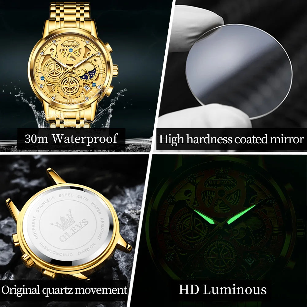 Luxury Waterproof Men's Quartz Watch – Gold Skeleton Design