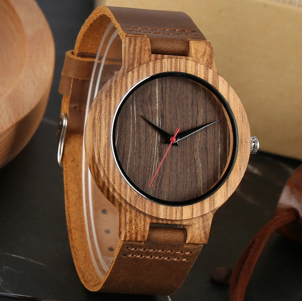 Men’s Vintage Bamboo Wood Watch – Leather Strap, Black/Coffee/Green Dial