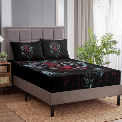 3D Black Red Rose Bedding Set – Romantic Floral Fitted Sheet with 2 Pillowcases