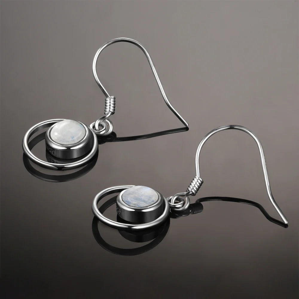 Sterling Silver 925 Round Moonstone Drop Earrings