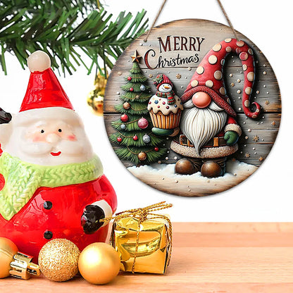 Wooden Circular Santa Claus Doorplate – Merry Christmas Sign Decor