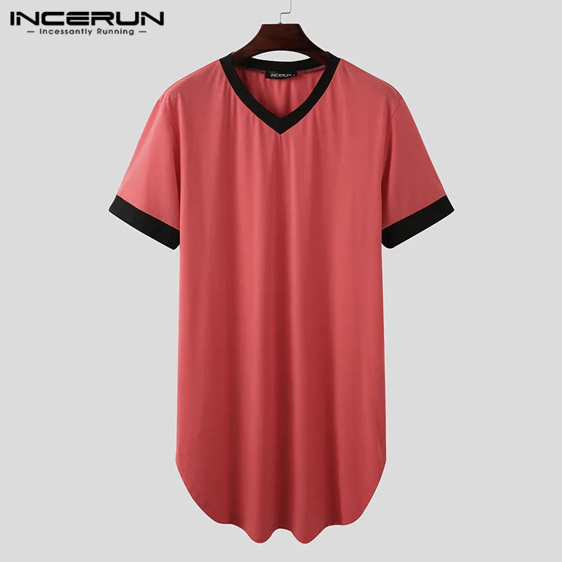 Men's Patchwork Sleep Robe - V-Neck Short Sleeve Nightgown