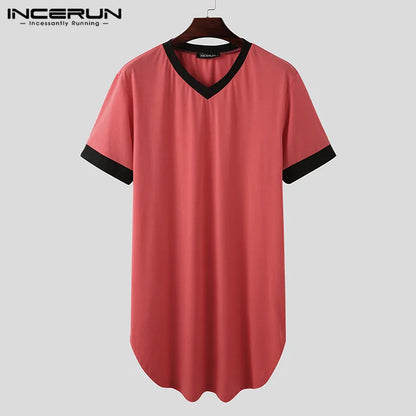 Men's Patchwork Sleep Robe - V-Neck Short Sleeve Nightgown