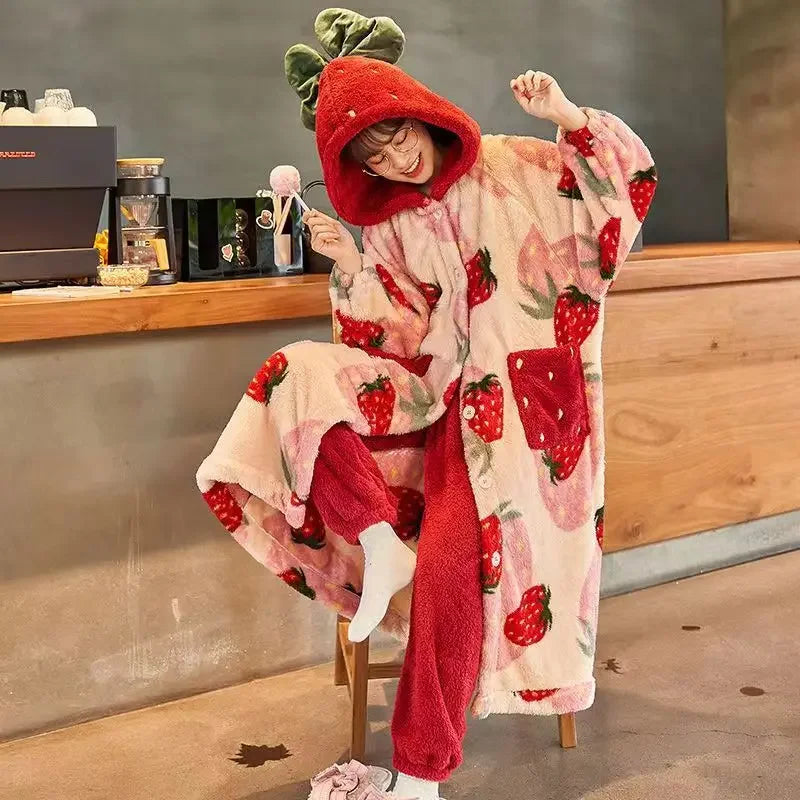 Women’s Strawberry Flannel-Hooded Bathrobe