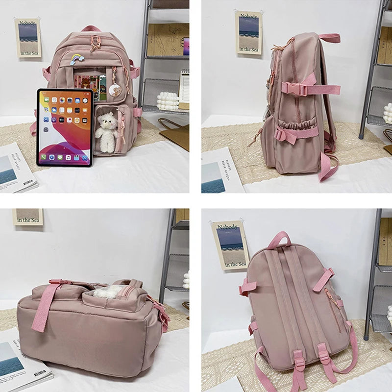 Preppy School Bag | Cute Nylon Student Backpack with Badge Pendant