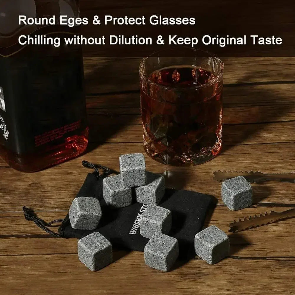 9-Piece Cube Chilling Stones Set – Reusable Whiskey Stones with Tongs & Stopper