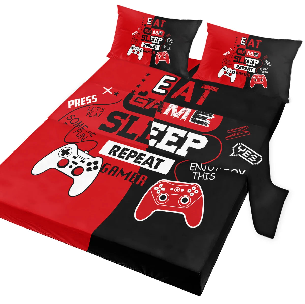 Black Red Video Game Controller Bed Sheets | 4-Piece Set | Breathable Soft Bedding Includes Flat & Fitted Sheets, 2 Shams