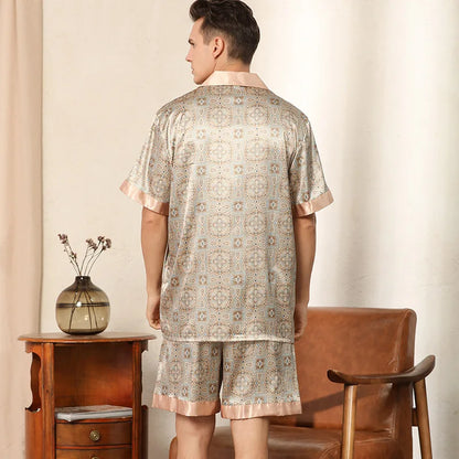 European Size Men's Satin Silk Pajamas - Short Sleeve & Shorts Set