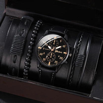 Men's Quartz Watch Set with Bracelet - Casual Leather Band