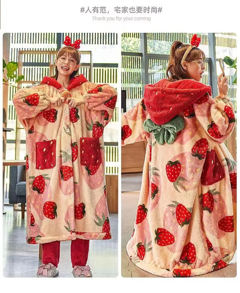 Women’s Strawberry Flannel-Hooded Bathrobe