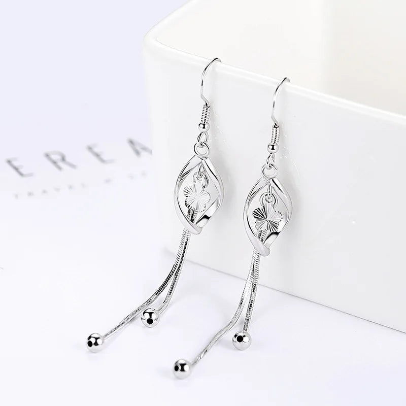 925 Sterling Silver Long Hollow Leaf Drop Earrings for Women