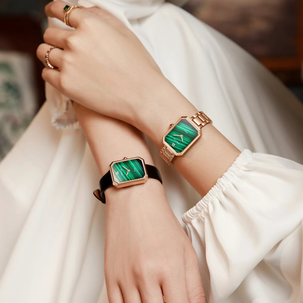 OBLVLO Women’s Quartz Watch - Rose Gold Case with Malachite Dial