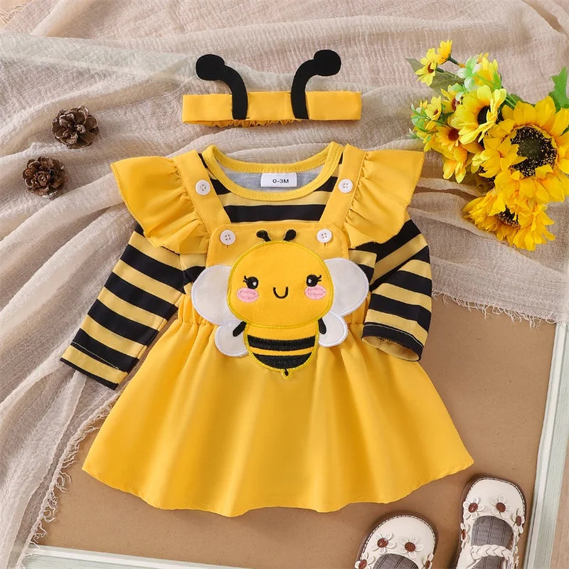 Baby Girl Long Sleeve Bee Suspender Skirt Dress