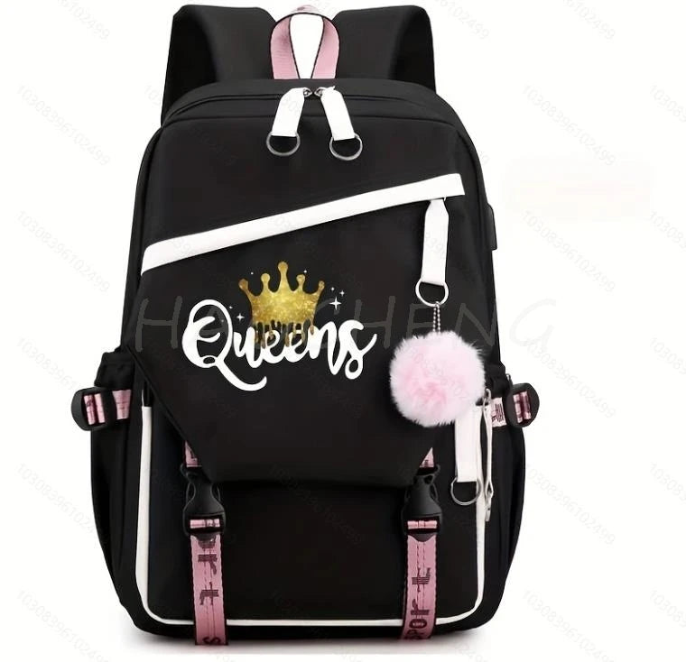 USB Backpack with Golden Queens Print | Canvas Schoolbag for Teens & Women