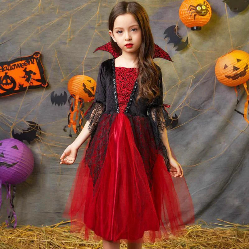 Girls Ghost Bride Costume | Red & Black Tulle Sleeve Dress