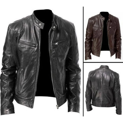 Men's Vintage Faux Leather Biker Jacket with Fleece