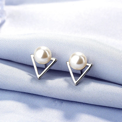 925 Sterling Silver Triangle Pearl Stud Earrings