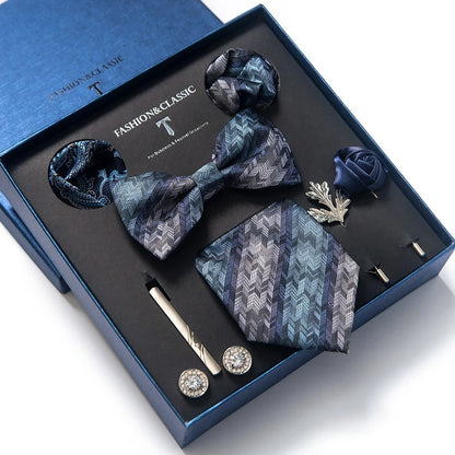 Silk Tie Set with Handkerchief, Cufflinks, and Bow Tie Clip